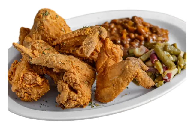 10 deep fried whole wings, 2 large sides, 3 corn muffins